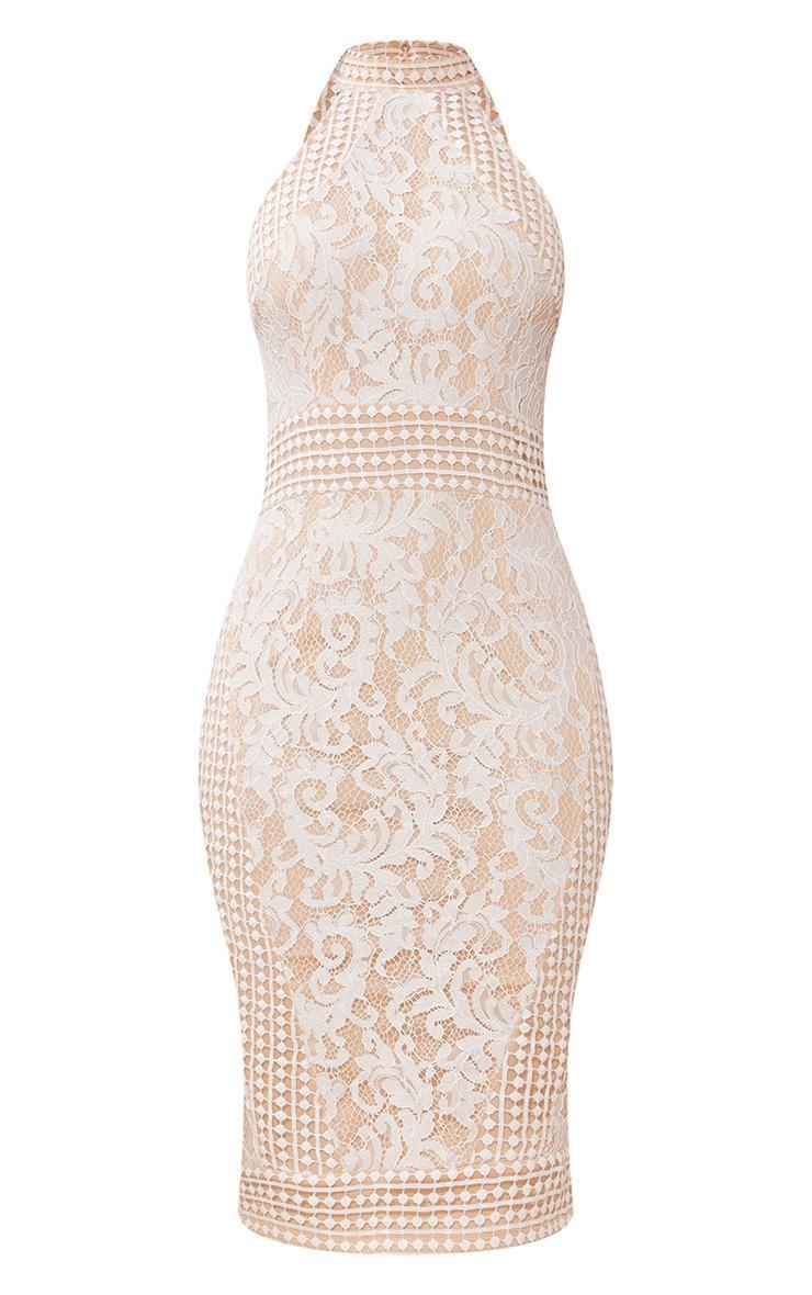 White Lace Crochet High Neck Midi Dress Product Image