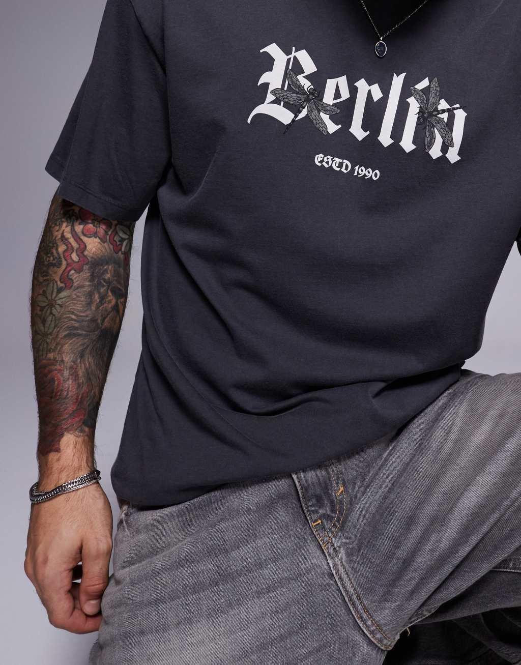 ADPT oversized Berlin print t-shirt in washed gray  Product Image