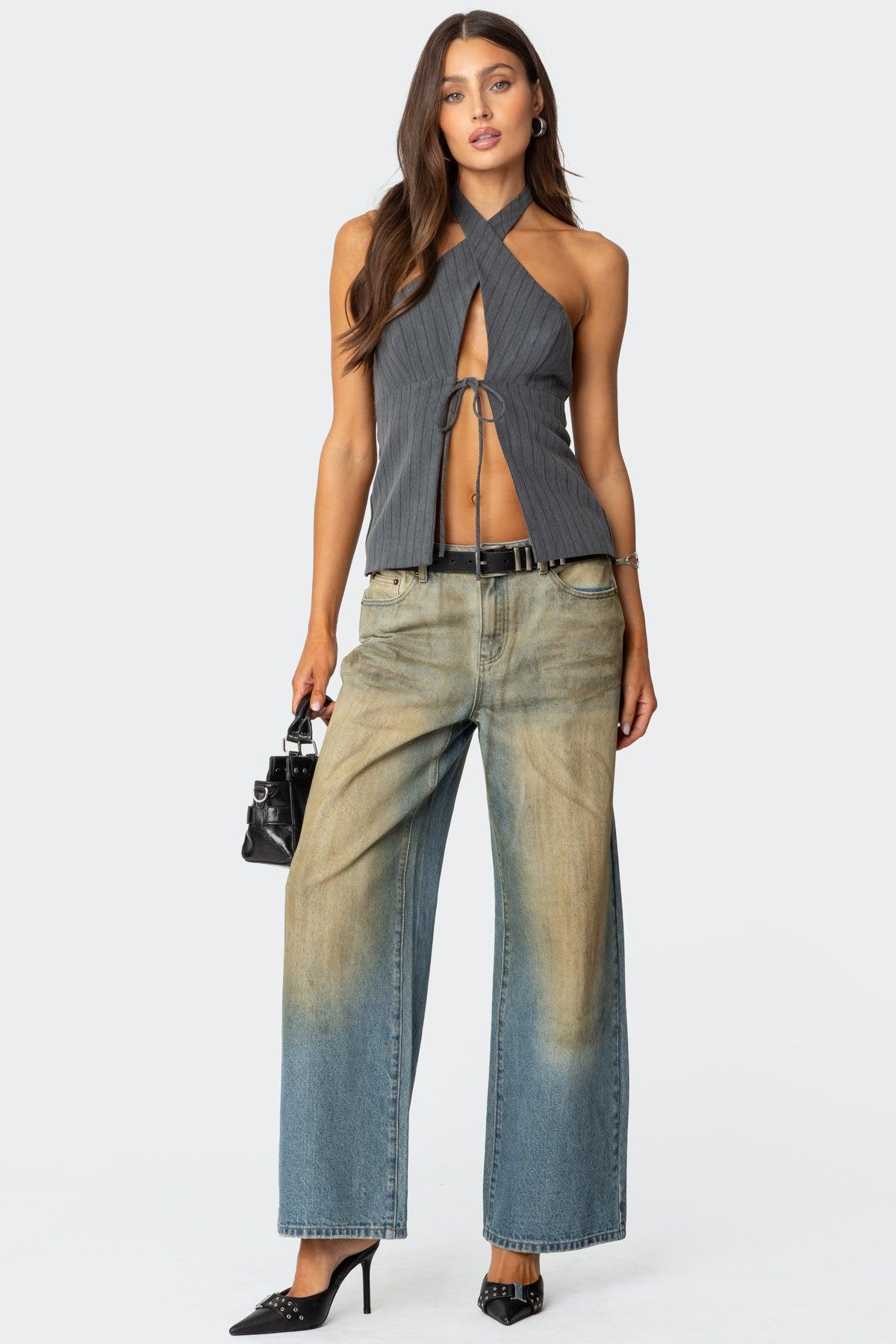 Split Front Pinstripe Halter Top Product Image