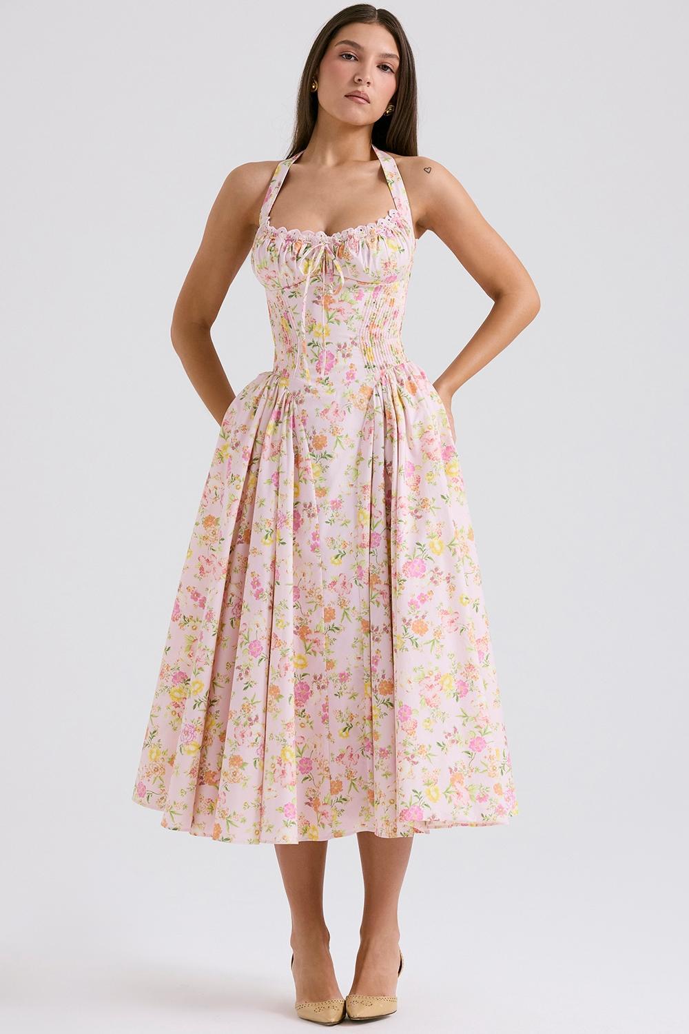 Adabella Pink Meadow Print Cotton Halter Midi Sundress Product Image