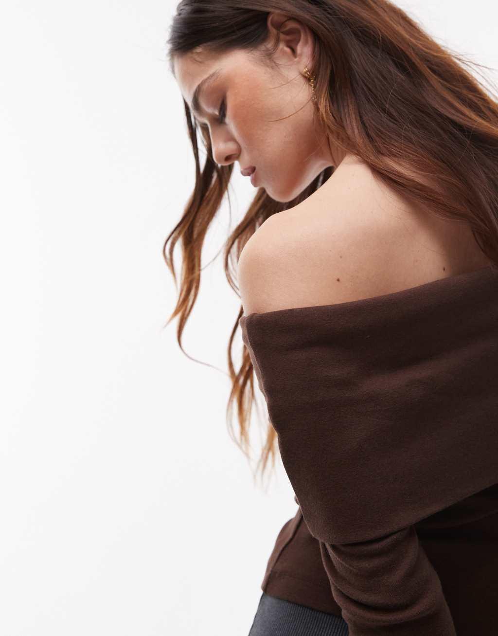 Topshop off the shoulder jersey top in brown Product Image