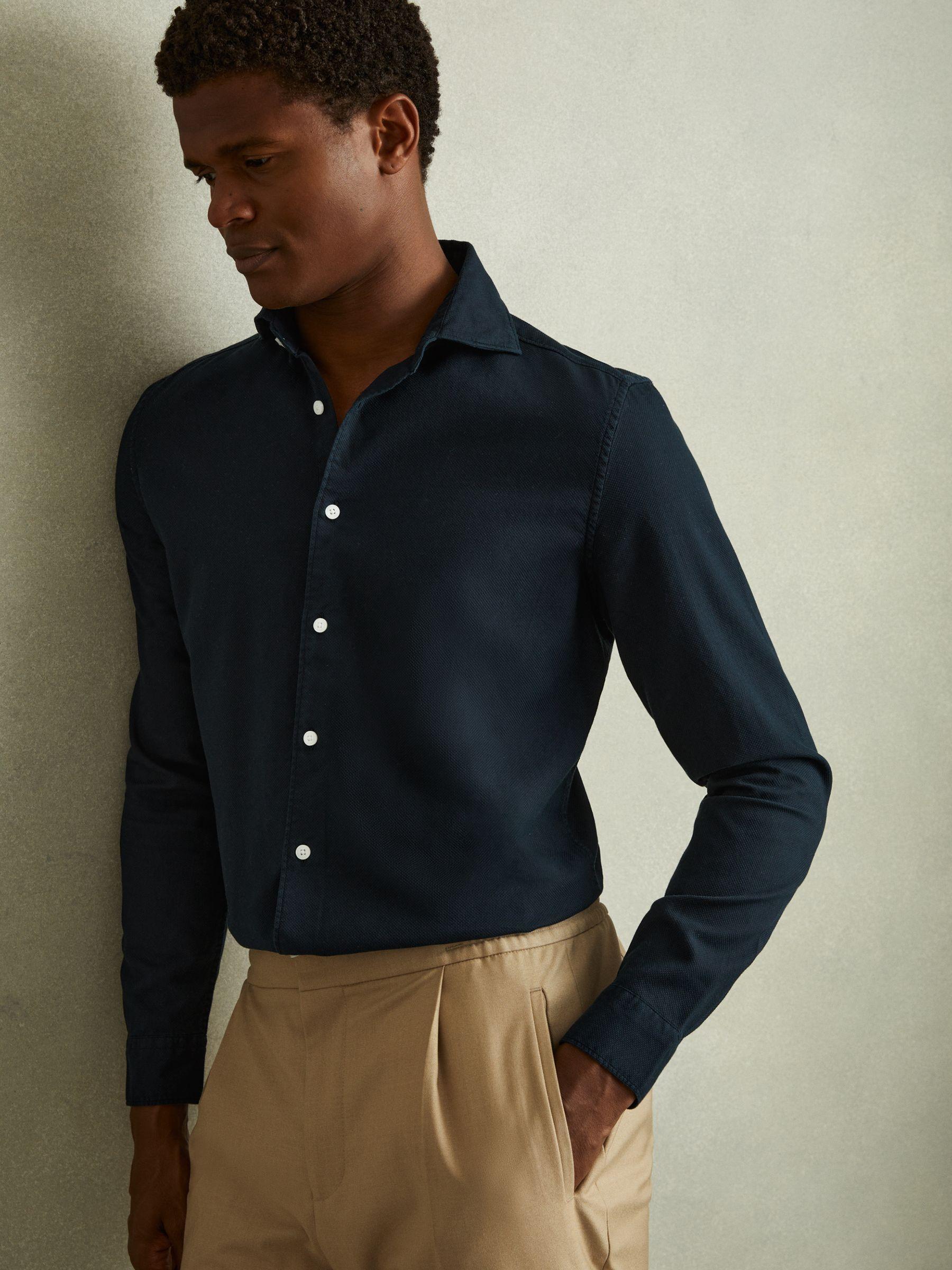 Textured Garment Dyed Button-Through Shirt in Indigo Blue Product Image