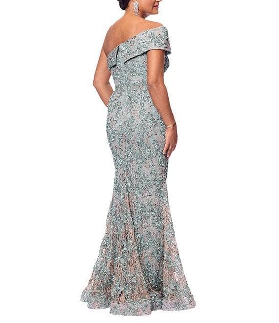 Xscape Soutache Lace Floral Print One-Shoulder Neck Sleeveless Sheath Gown Product Image