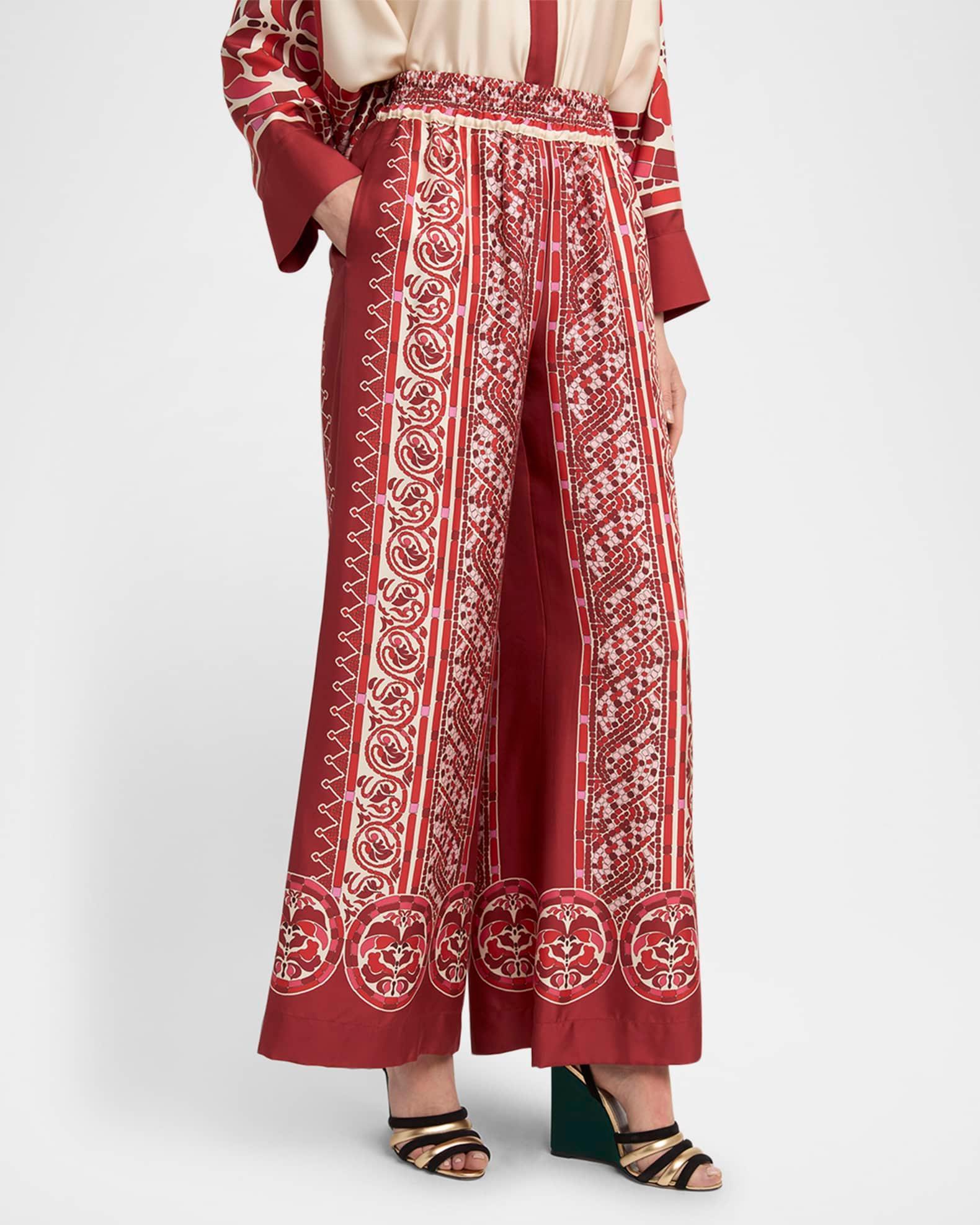 Tile-Print Silk Wide-Leg Pull-On Palazzo Pants Product Image