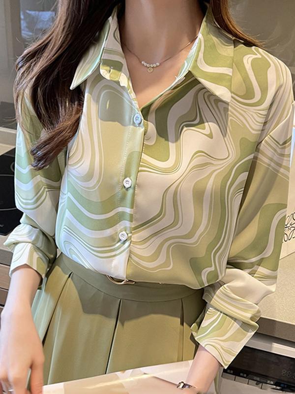 Long Sleeves Loose Buttoned Printed Lapel Blouses&Shirts Tops Product Image