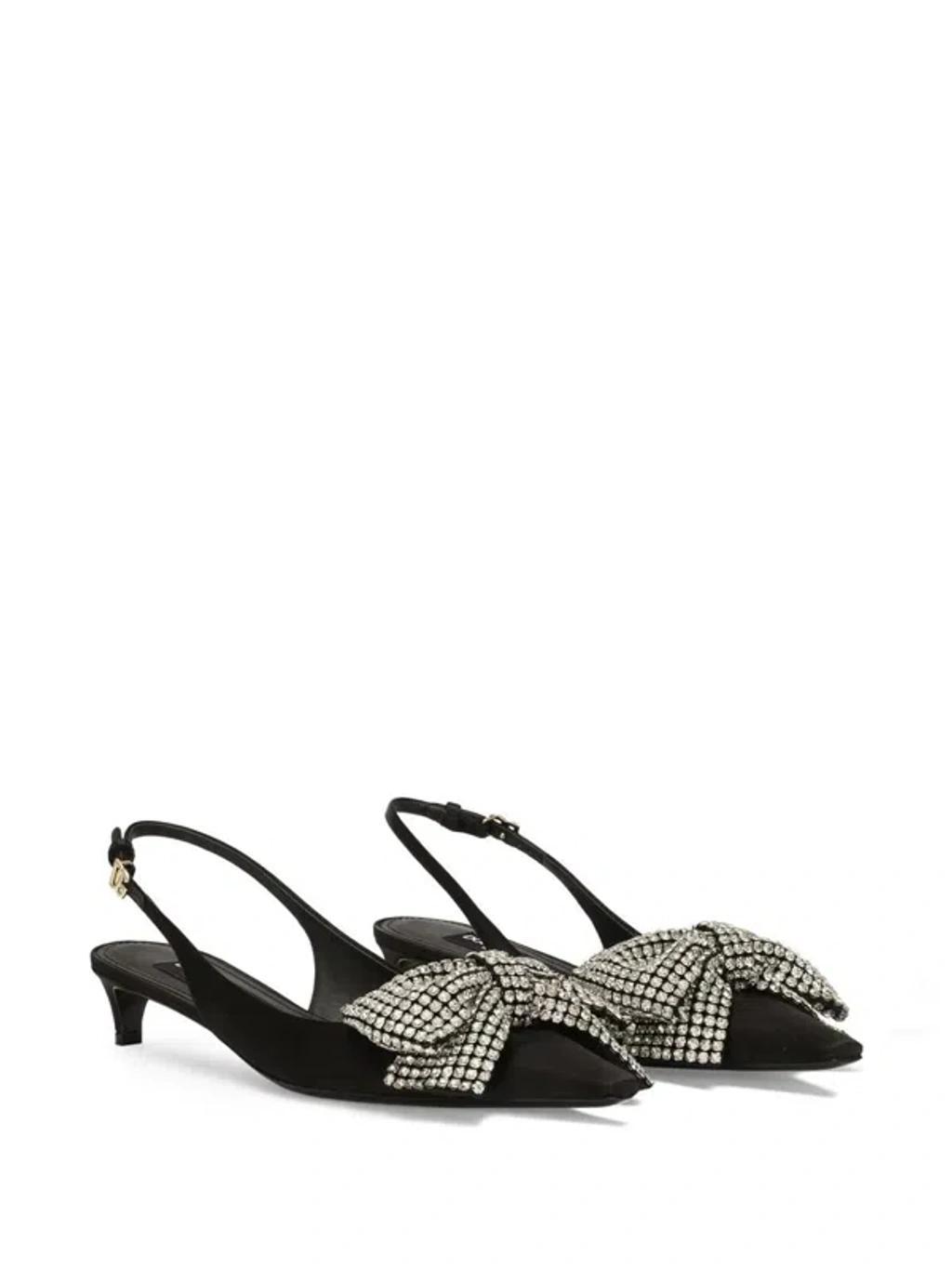 DOLCE & GABBANA Satin Crystal Bow Kitten Slingback Pumps In Black Product Image