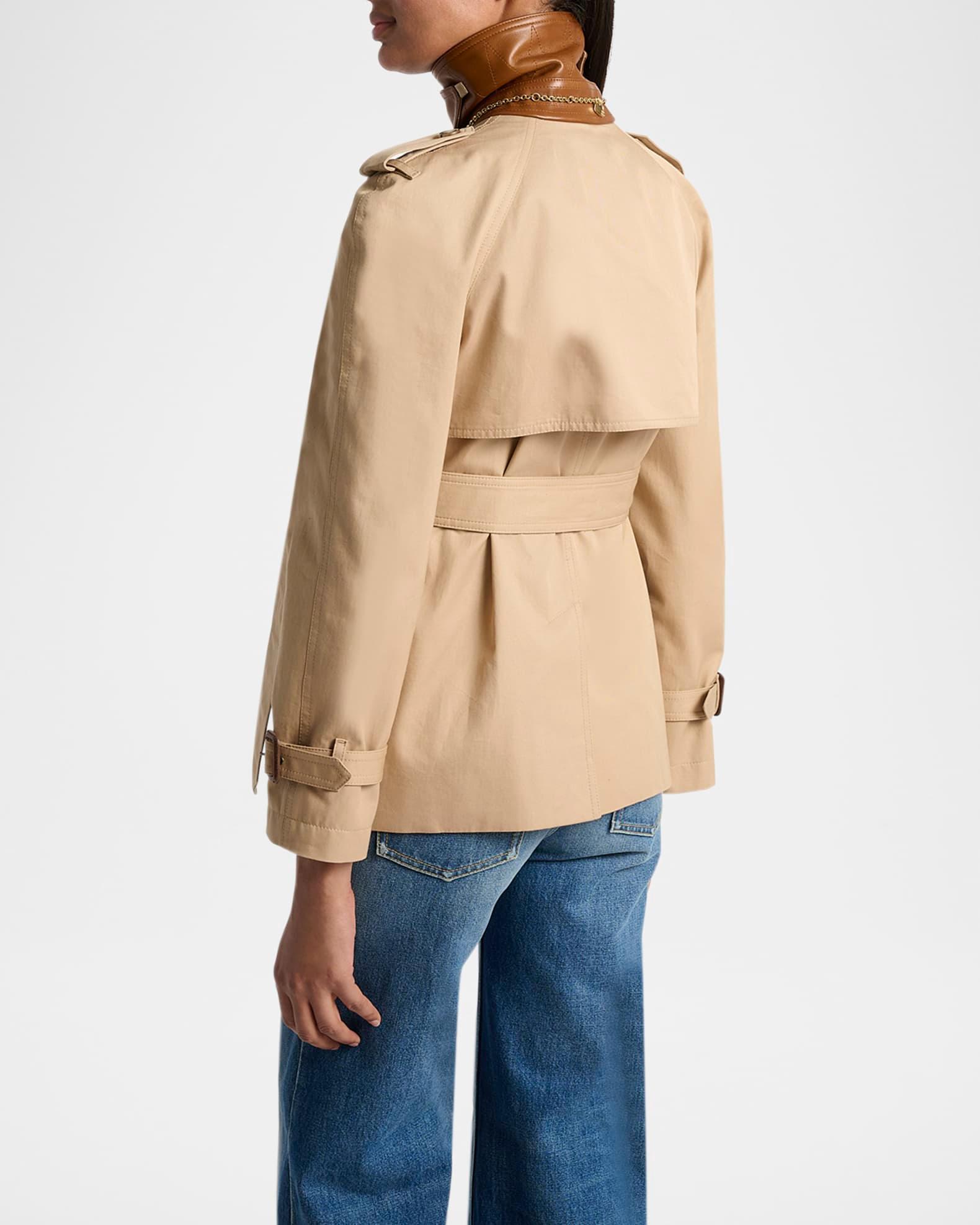 Leather-Collar Double-Breasted Short Trench Coat With Belt Product Image