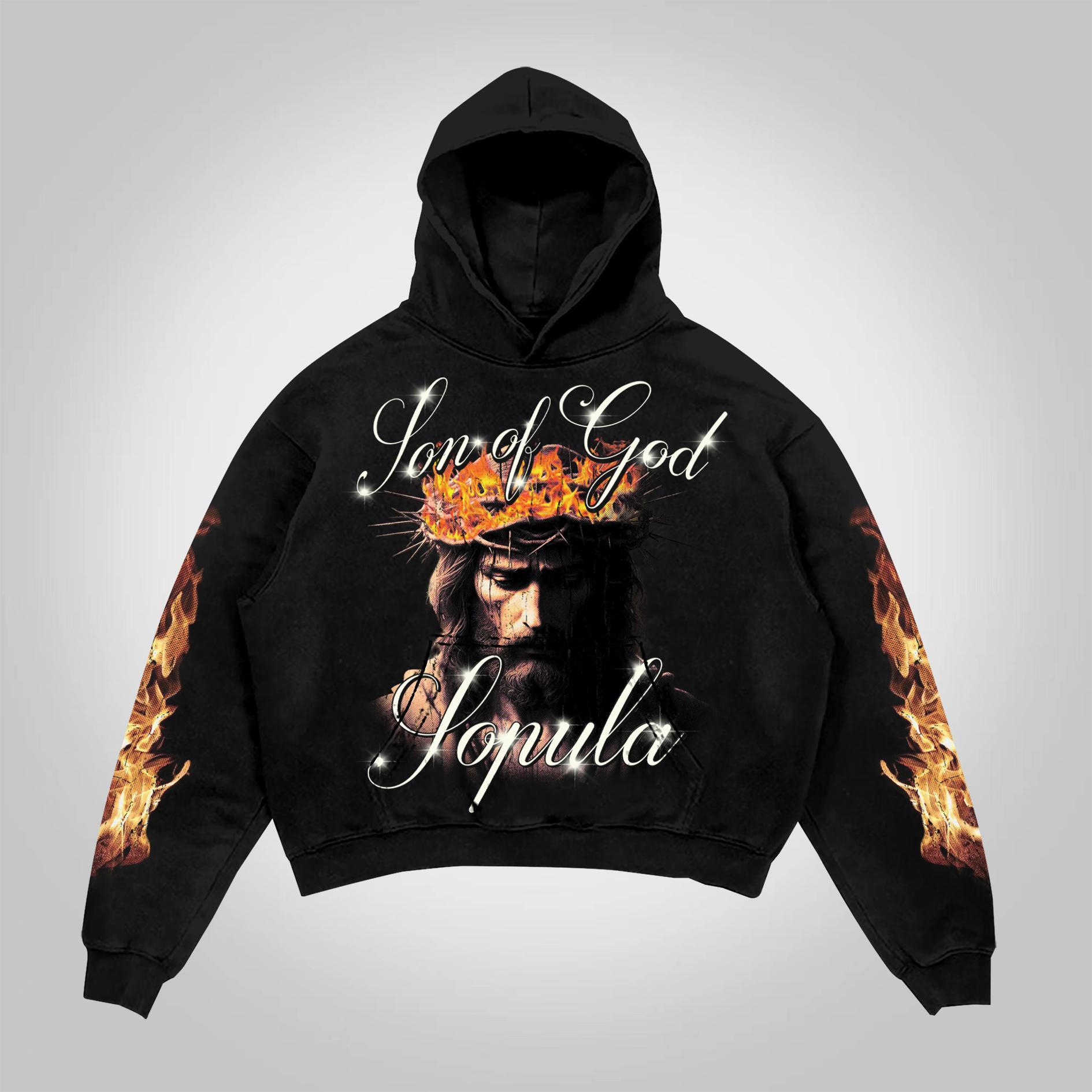 Sopula Flame Jesus Son Of God Vintage Graphics Cotton Pocket Hoodie Product Image