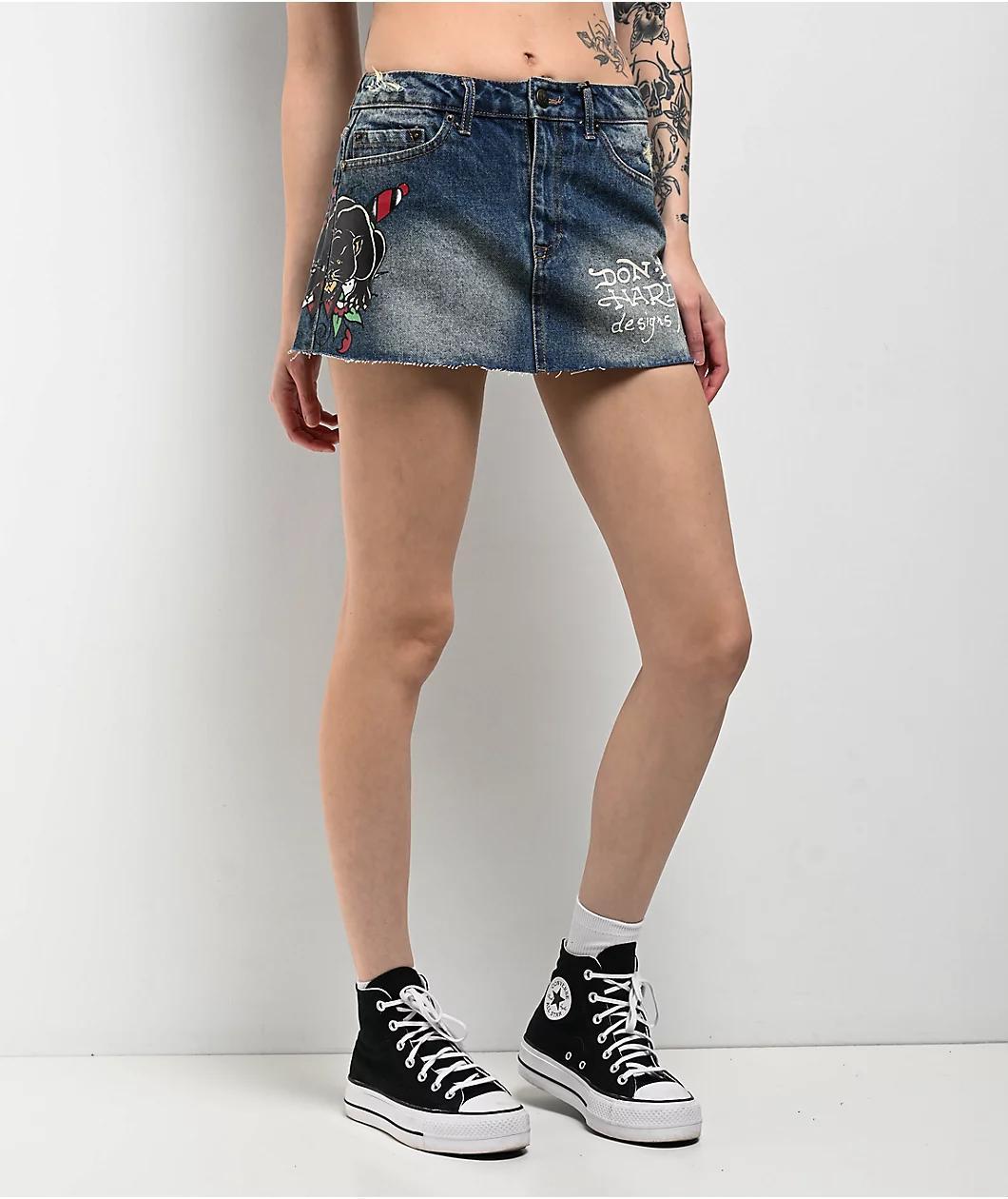 Ed Hardy Panther Dagger Dark Blue Cutoff Denim Mini Skirt Product Image