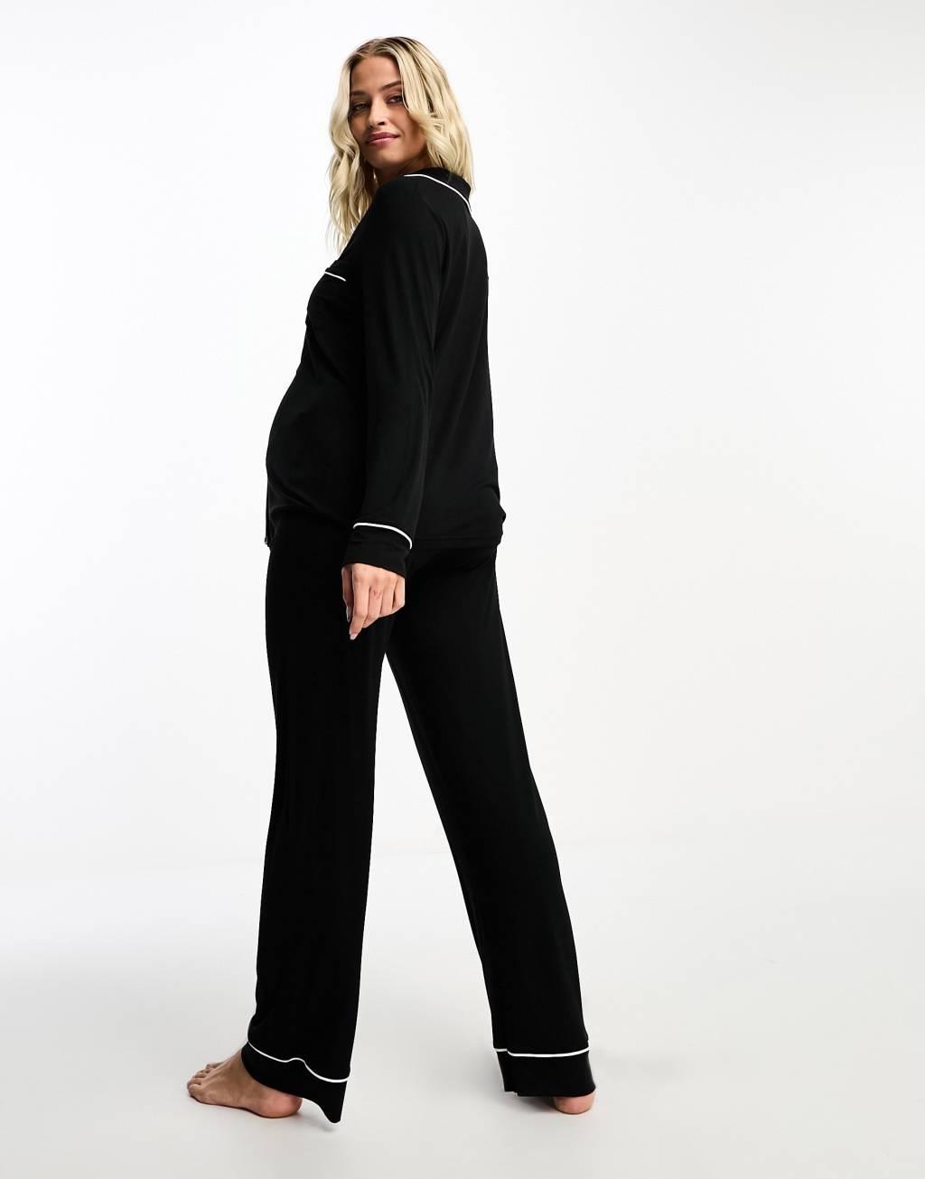 ASOS DESIGN Maternity super soft long sleeve shirt & pants pajama set with contrast piping in black Product Image