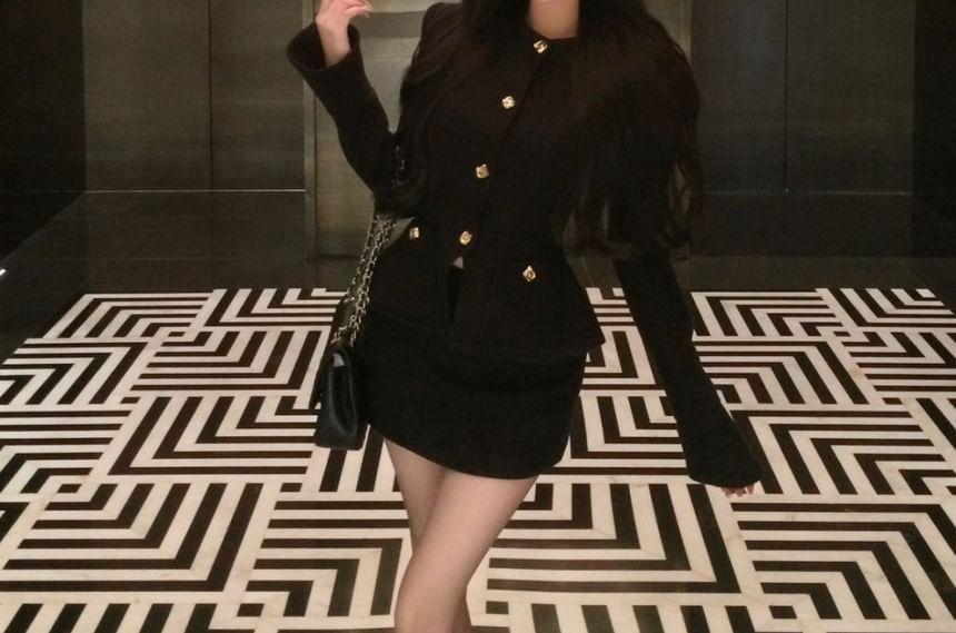 Round Neck Plain Button Jacket / Mid Waist Plain Mini Pencil Skirt Product Image