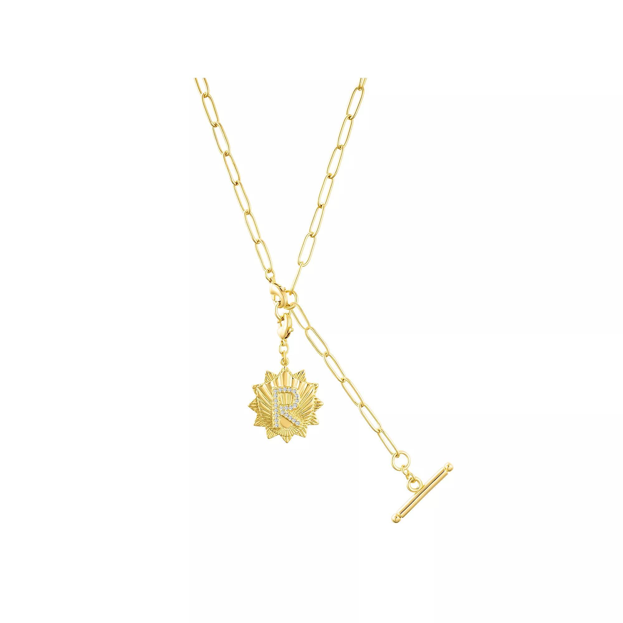 Adornia Gold Tone Adjustable Paperclip & Cubic Zirconia Initial Medallion Lariat Necklace, Womens Gold Tone R Product Image