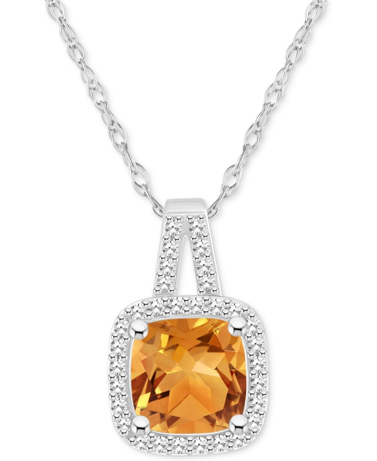 Celebration Gems Sterling Silver 7 mm Cushion Gemstone & 1/6 Carat T.W. Diamond Halo Pendant Necklace, Womens Citrine Product Image