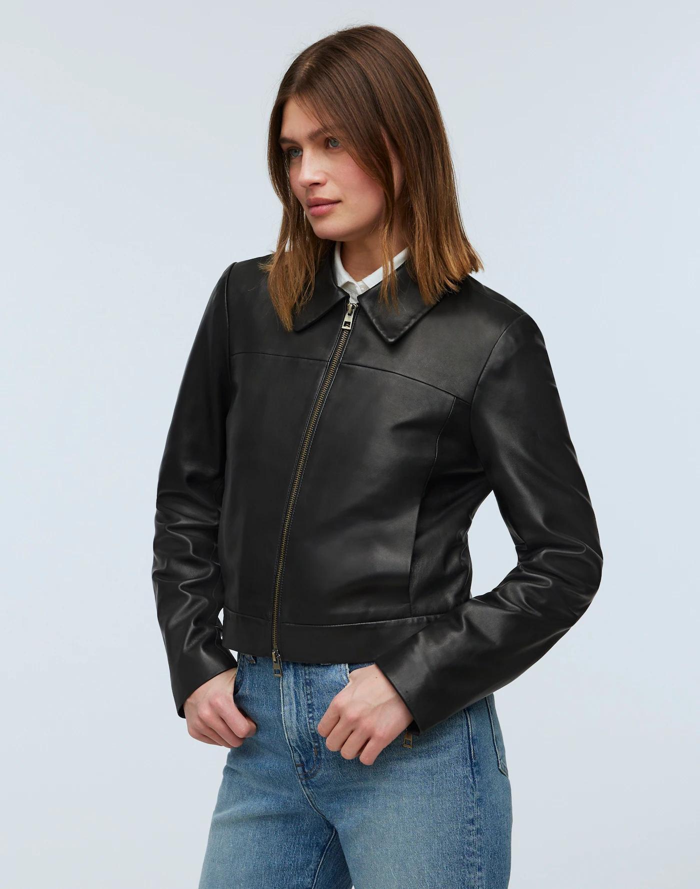 Shrunken Zip-Front Jacket in Leather Product Image