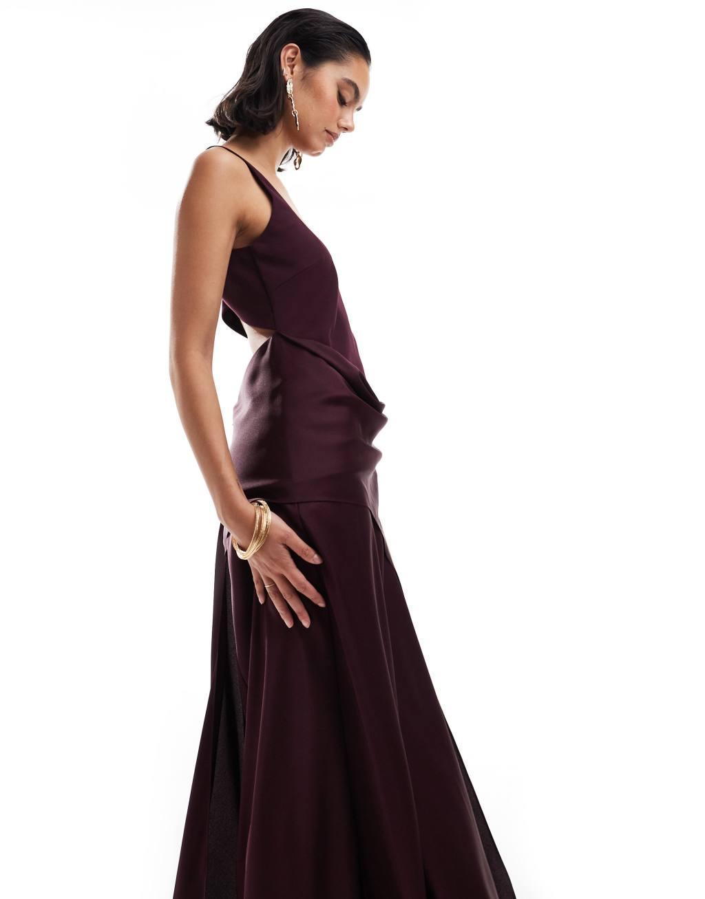 ASOS DESIGN scoop neck satin drape overlay maxi dress in burgundy Product Image