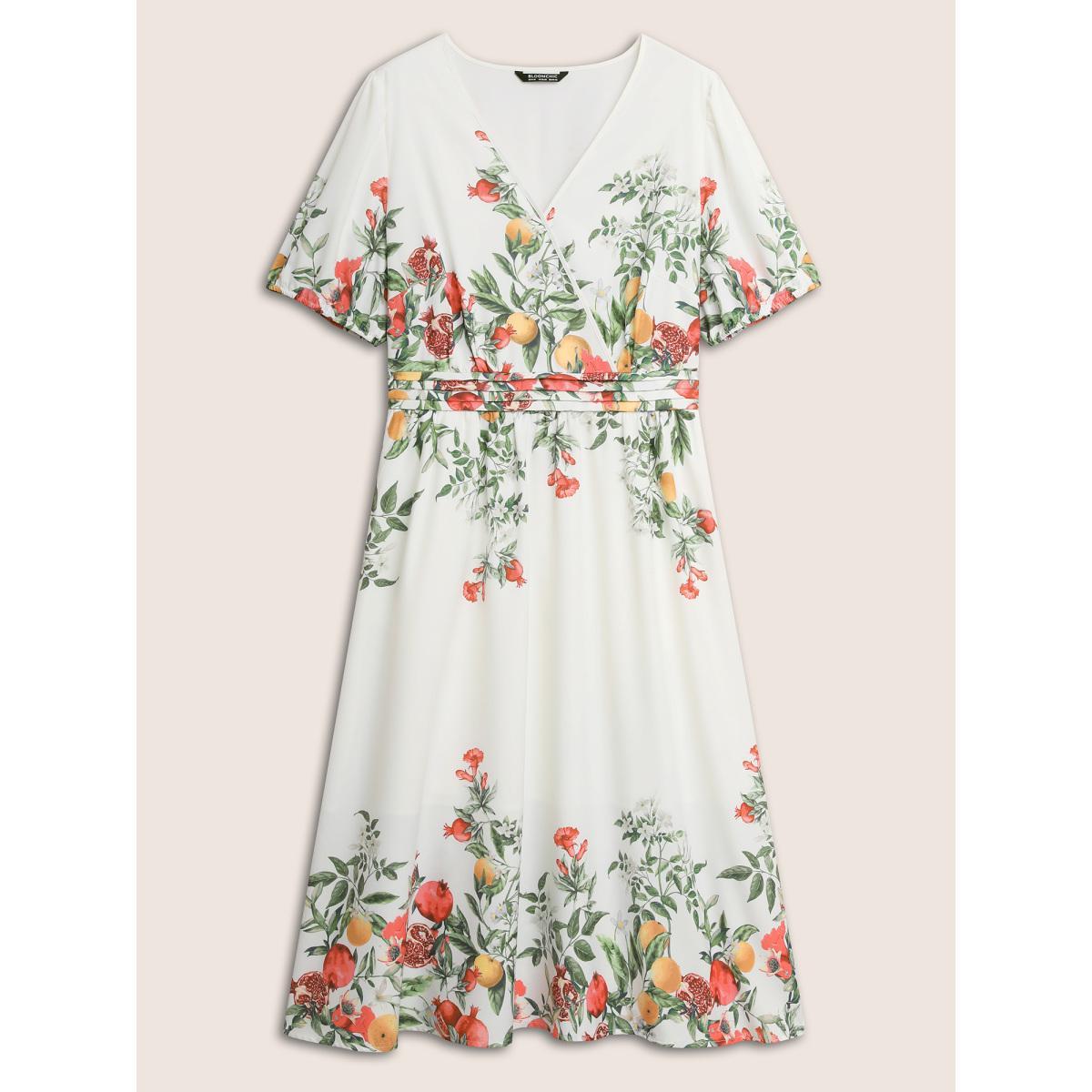 Plus Size Citrus Fruit Print Surplice Neck Pleated Dress White Women Elegant Overlapping Overlap Collar Short sleeve Curvy BloomChic 10/M Product Image
