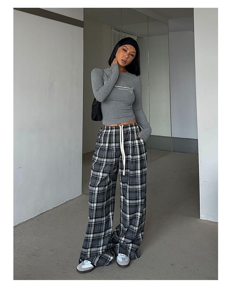 Drawstring Waist Plaid Wide Leg Pants Product Image