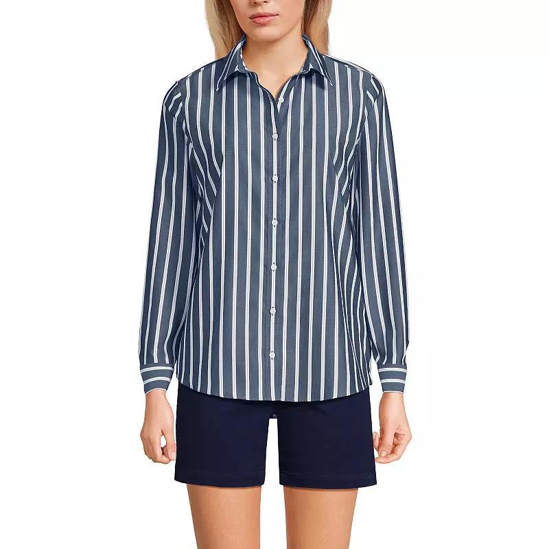 Petite Lands End No Iron Supima Cotton Long Sleeve Shirt, Womens Green Wide Stripe Product Image