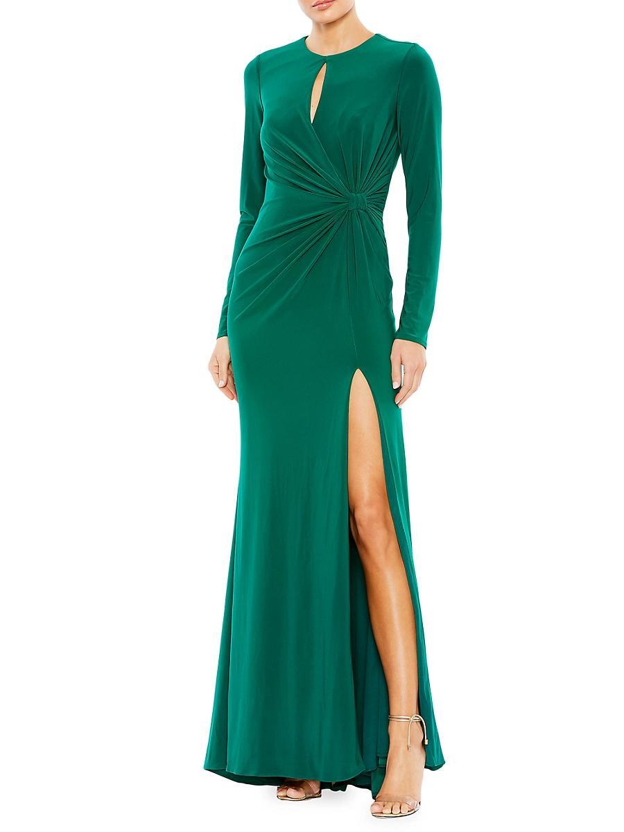 Womens Long-Sleeve Draped Keyhole Gown Product Image