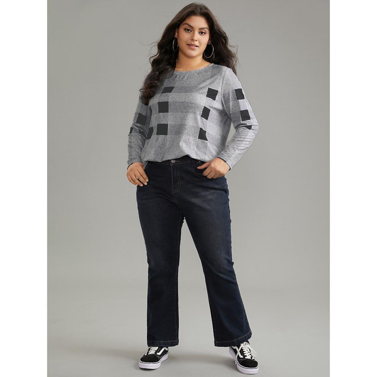 Plus Size Plaid Print Contrast Round Neck T-shirt LightGray Women Casual Contrast Plaid Round Neck Everyday T-shirts BloomChic 18-20/2X Product Image