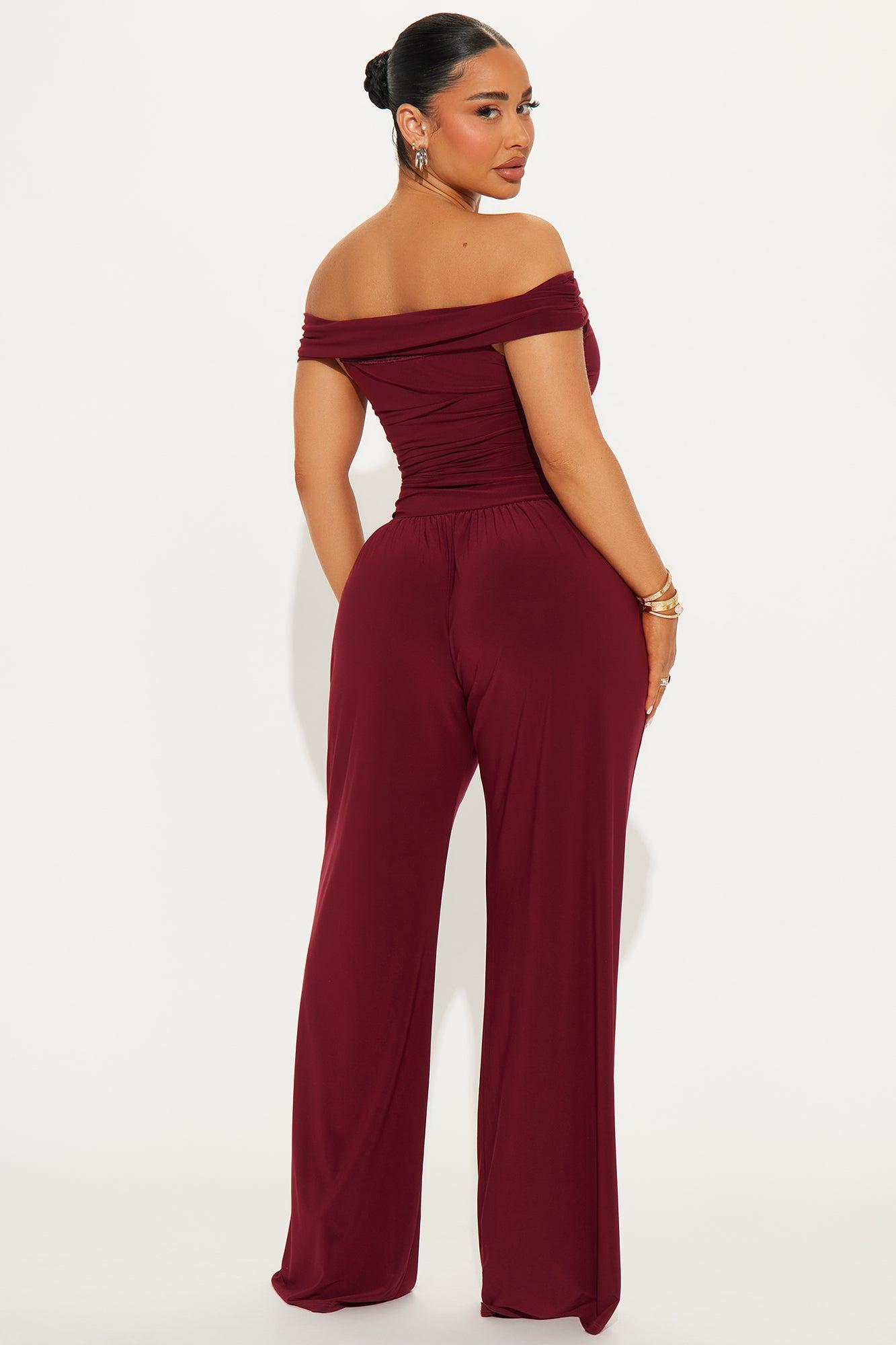 On To The Next Off Shoulder Jumpsuit - Burgundy Product Image
