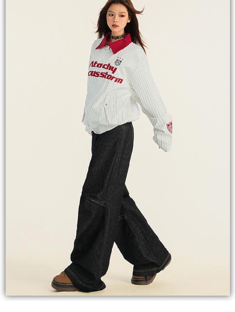 Striped Letter Embroidered Zip Jacket / Mid Rise Wide Leg Jeans Product Image