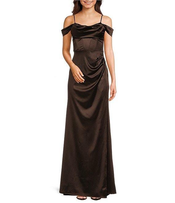 B. Darlin Off-The-Shoulder Corset Wrap Side Slit Long Dress Product Image