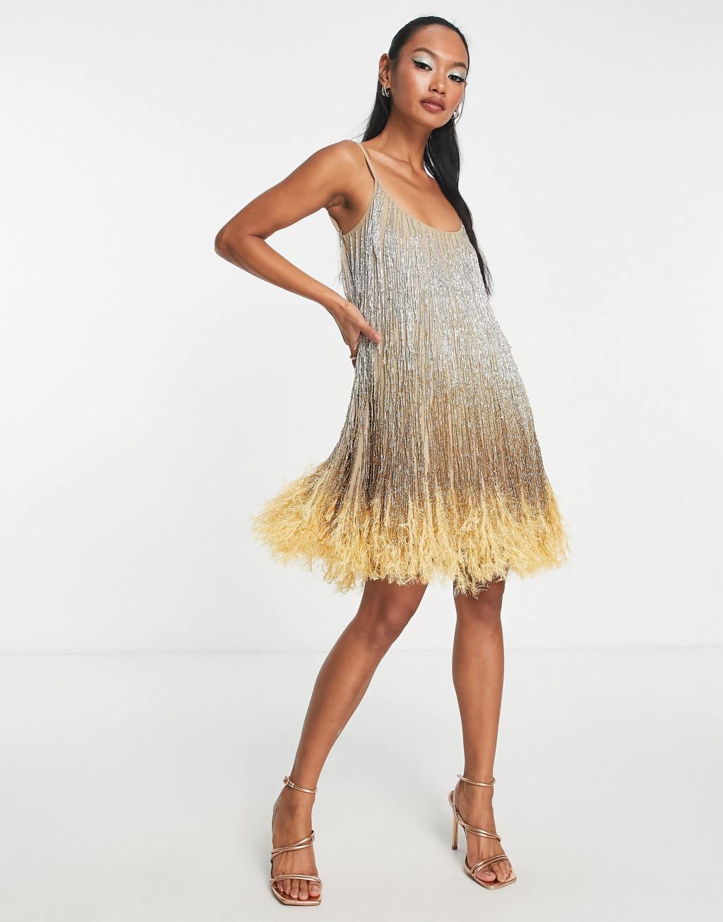 ASOS DESIGN cami embellished mini dress with beaded fringe and fluffy hem in ombre Product Image