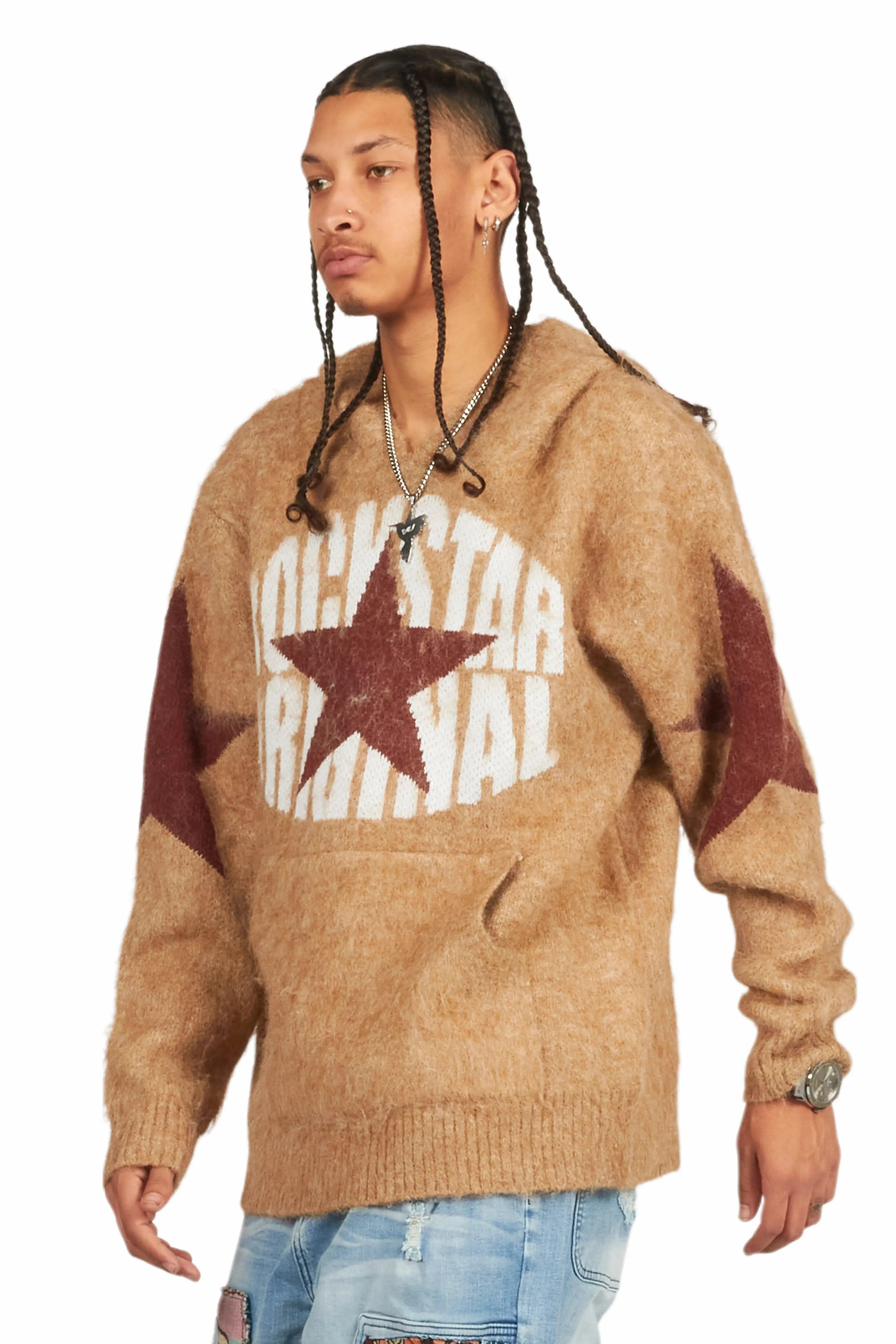 States Brown Graphic Knitted Mohair Hoodie Male Product Image