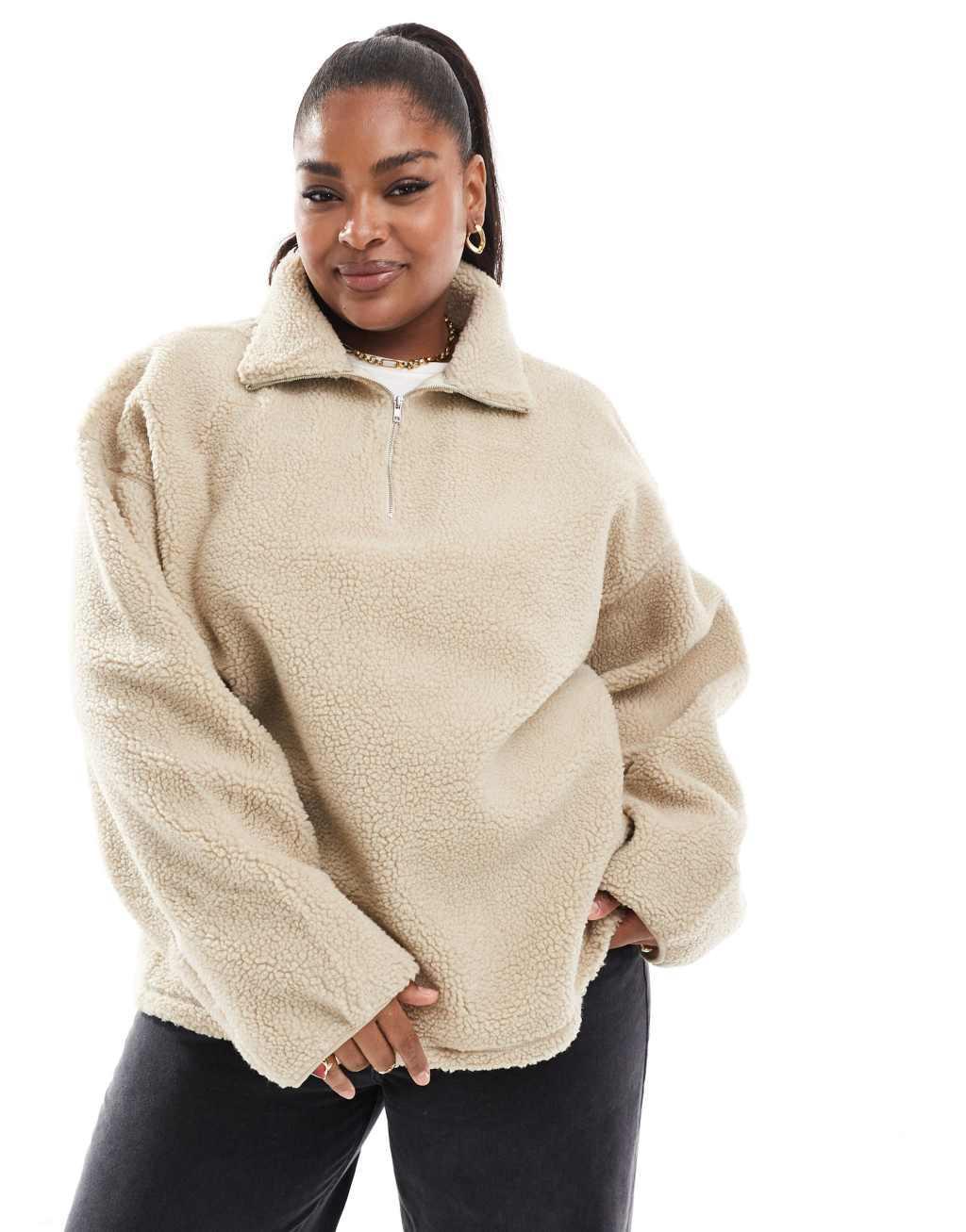 ASOS DESIGN Curve oversized half zip teddy fleece in neutral Product Image