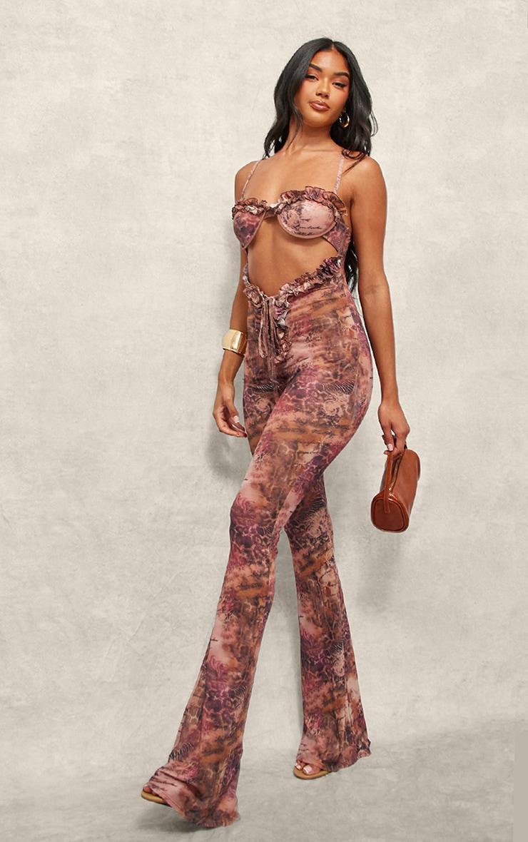 Pink Printed Mesh Cup Detail Cut Out Jumpsuit Product Image