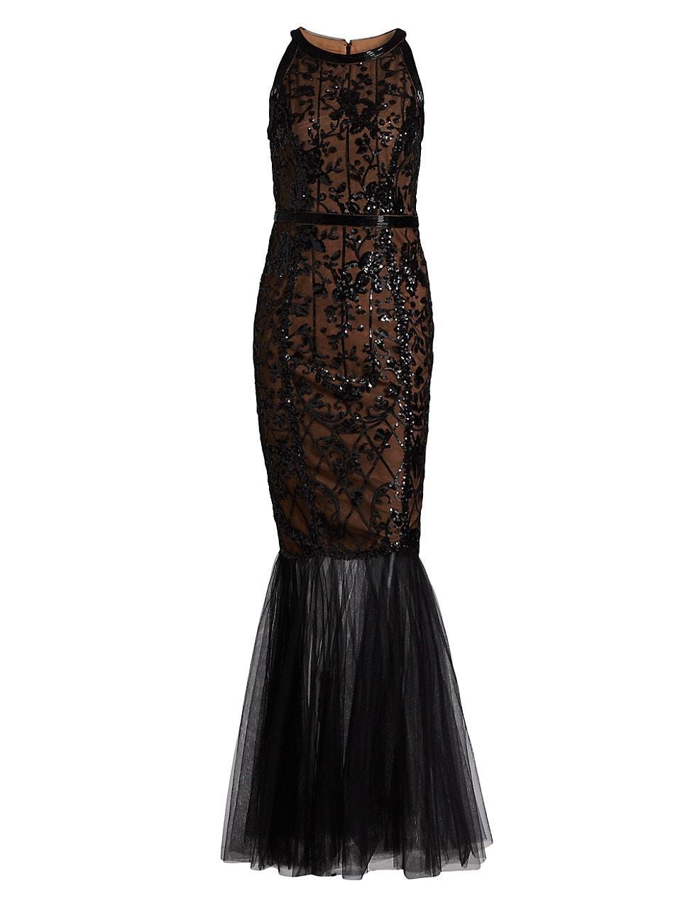 Womens Floral Sequined Tulle Mermaid Gown Product Image