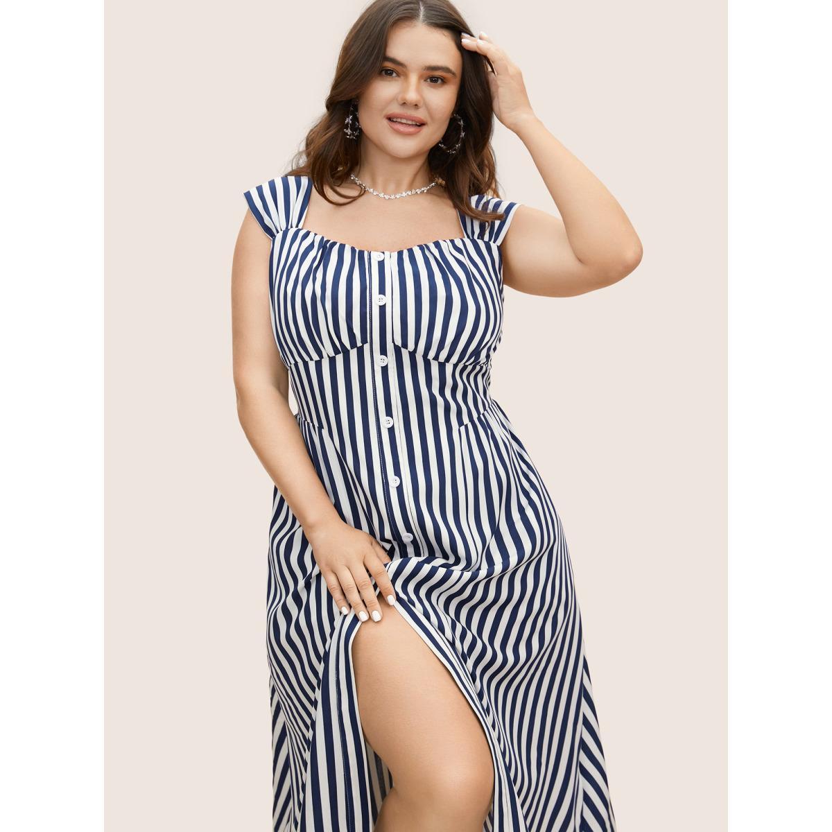 Plus Size Striped Button Detail Split Front Midi Dress Indigo Women Elegant Gathered Heart neckline Sleeveless Curvy BloomChic 26/4X Product Image
