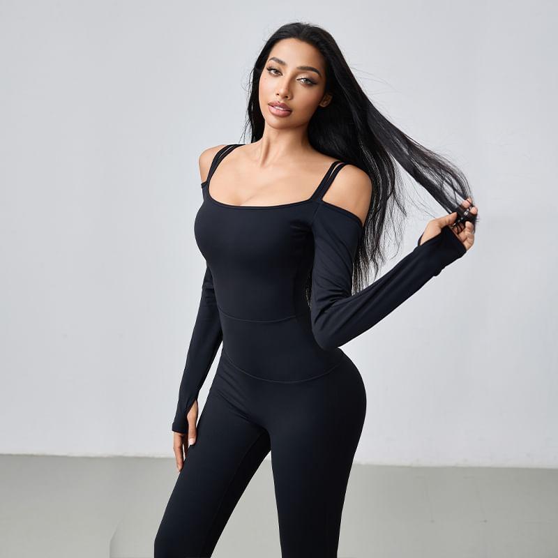 Long Sleeve Cold Shoulder Plain Flared Yoga Jumpsuit Product Image