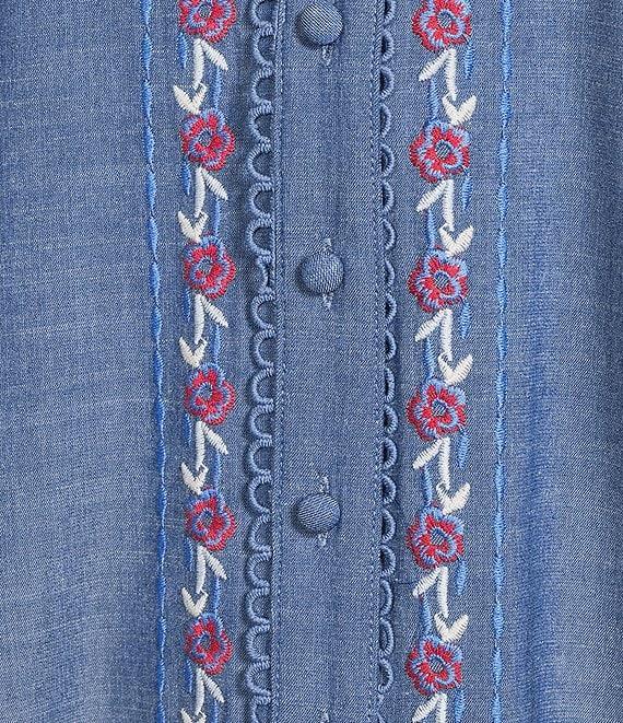 Calessa Embroidered Split V-Neck Short Sleeve Button Front Tunic Product Image