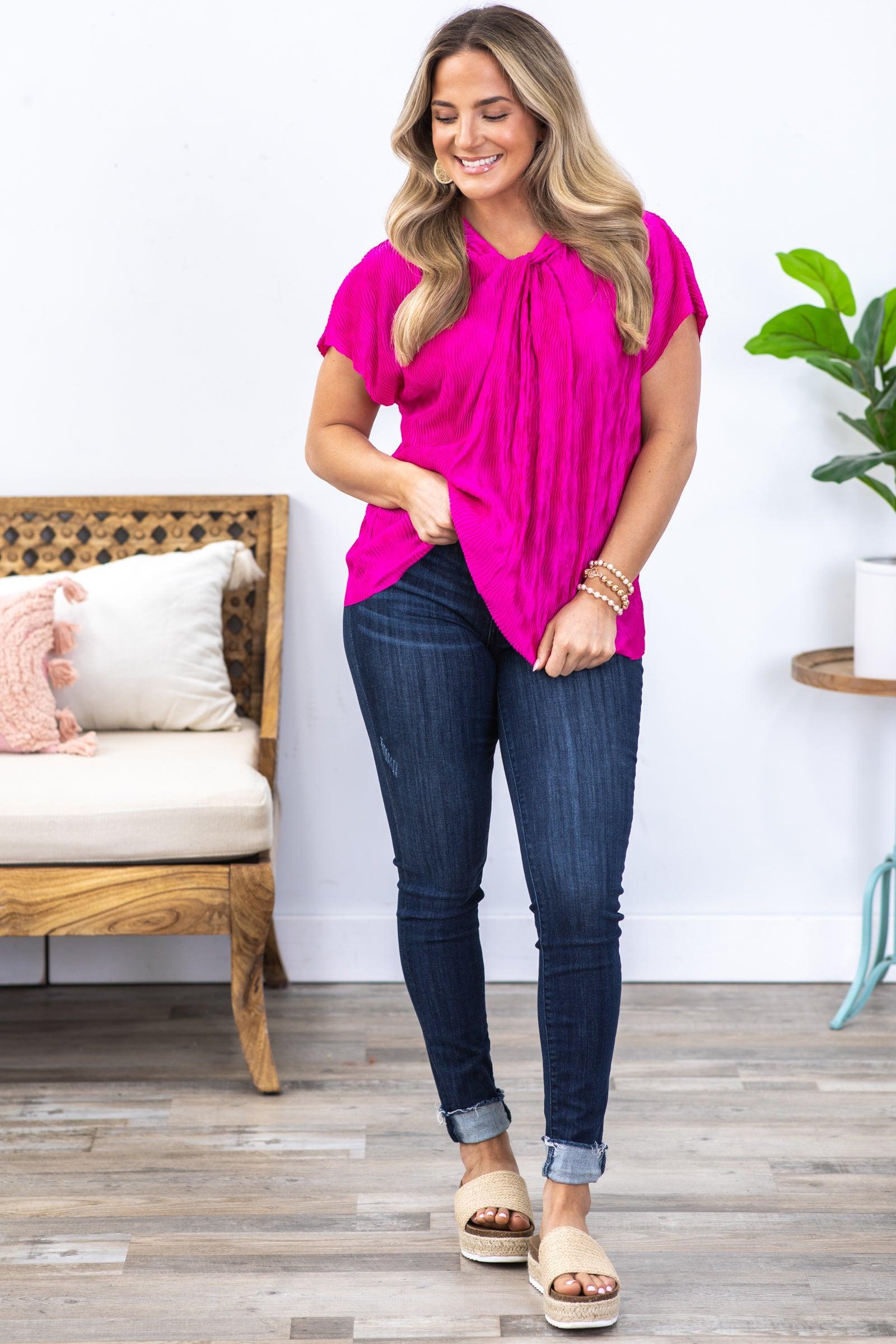 Magenta Gathered Neck Pleated Woven Top Product Image