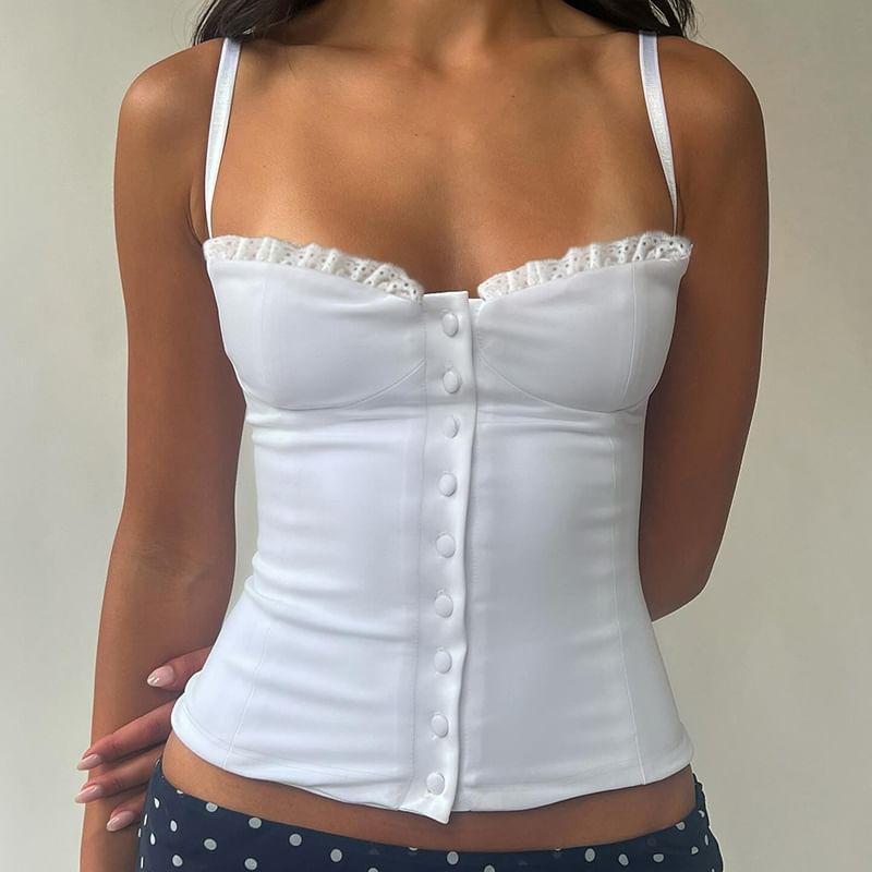 Lace-Trim Plain Button-Up Slim-Fit Crop Camisole Top Product Image