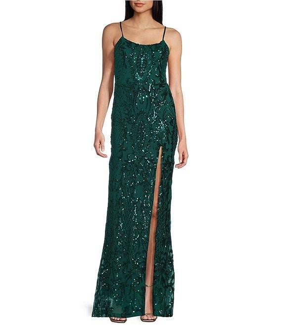 Midnight Doll Patterned Sequin Scoop Neck Spaghetti Strap Side Slit Long Dress Product Image