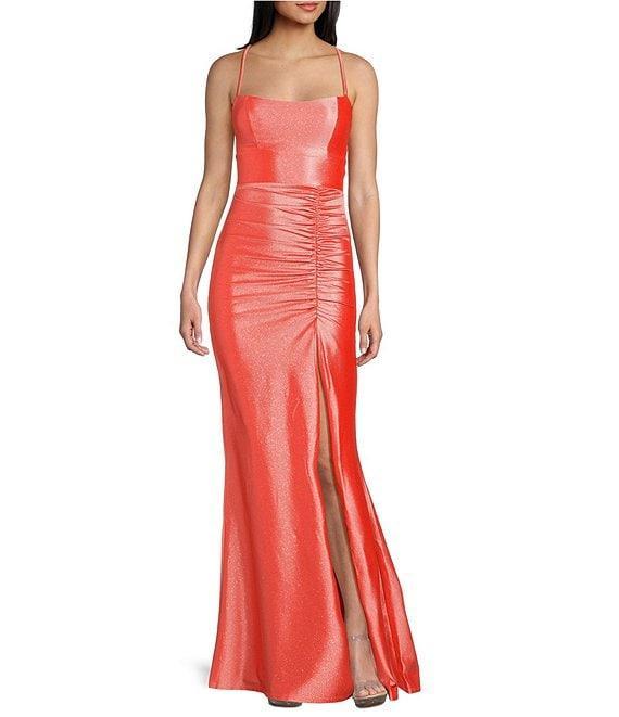 Honey and Rosie Glitter Lace-Up Back Front Slit Mermaid Long Dress Product Image