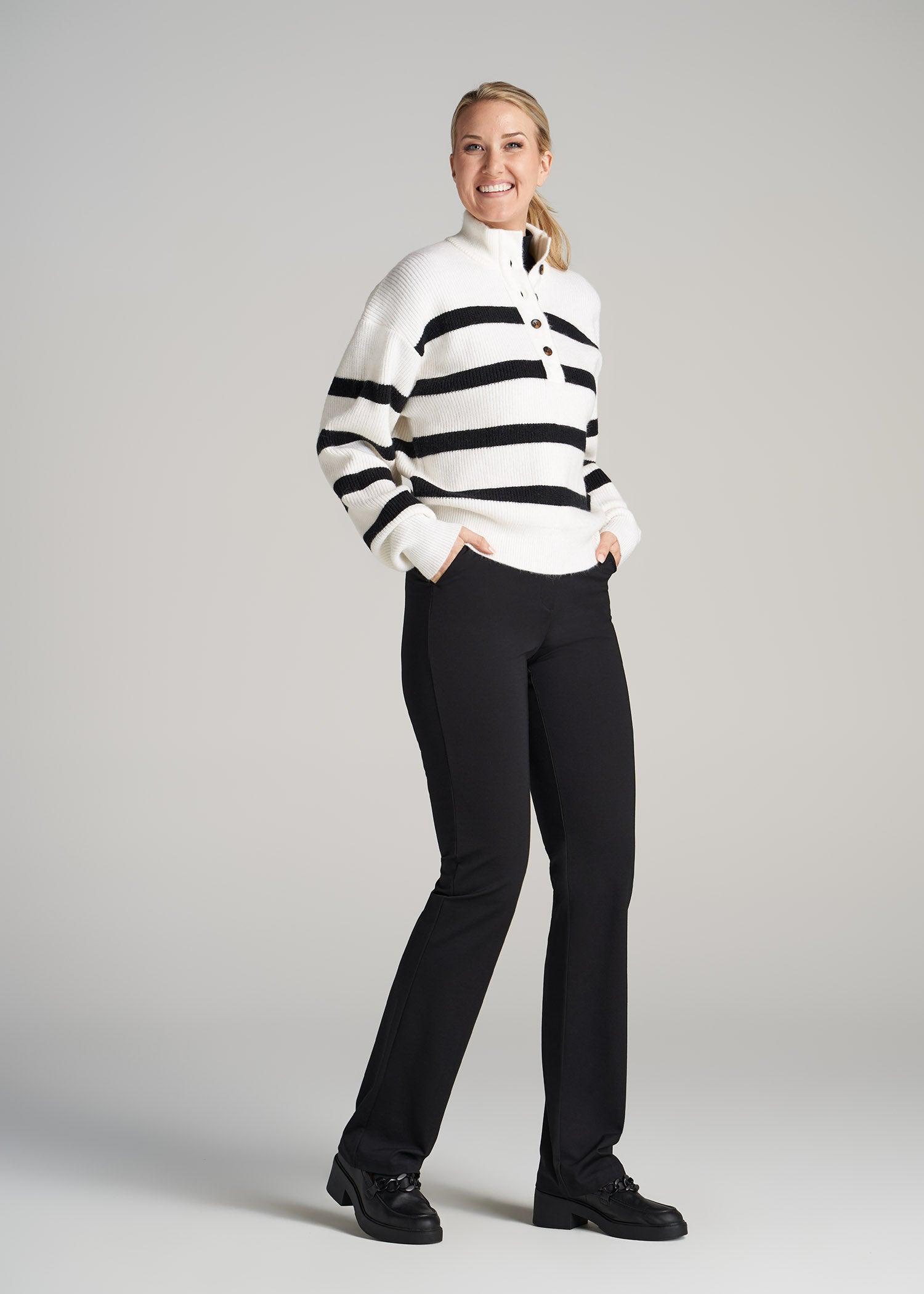 Button Front Mock Neck Sweater for Tall Women in Off White & Black Stripe Female Product Image