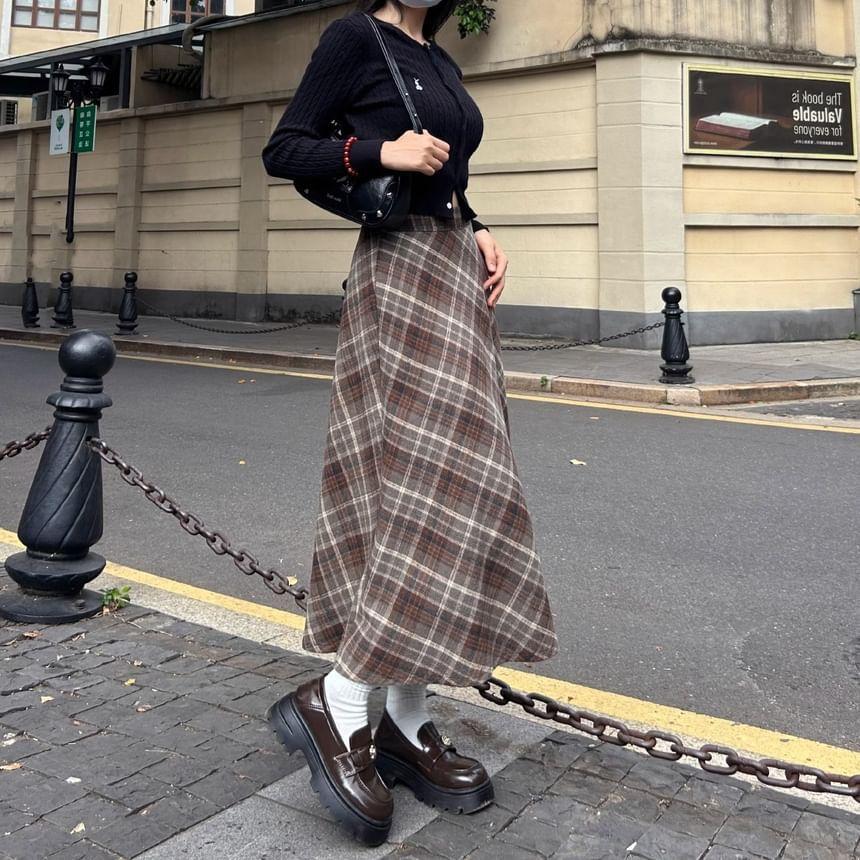 High Waist Plaid Maxi A-Line Skirt Product Image