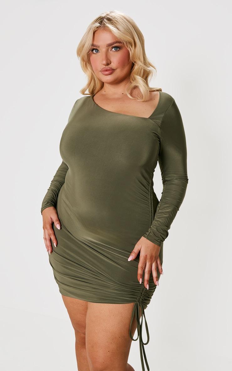 Plus Khaki Soft Touch Ruched Side Detail Mini Dress Product Image