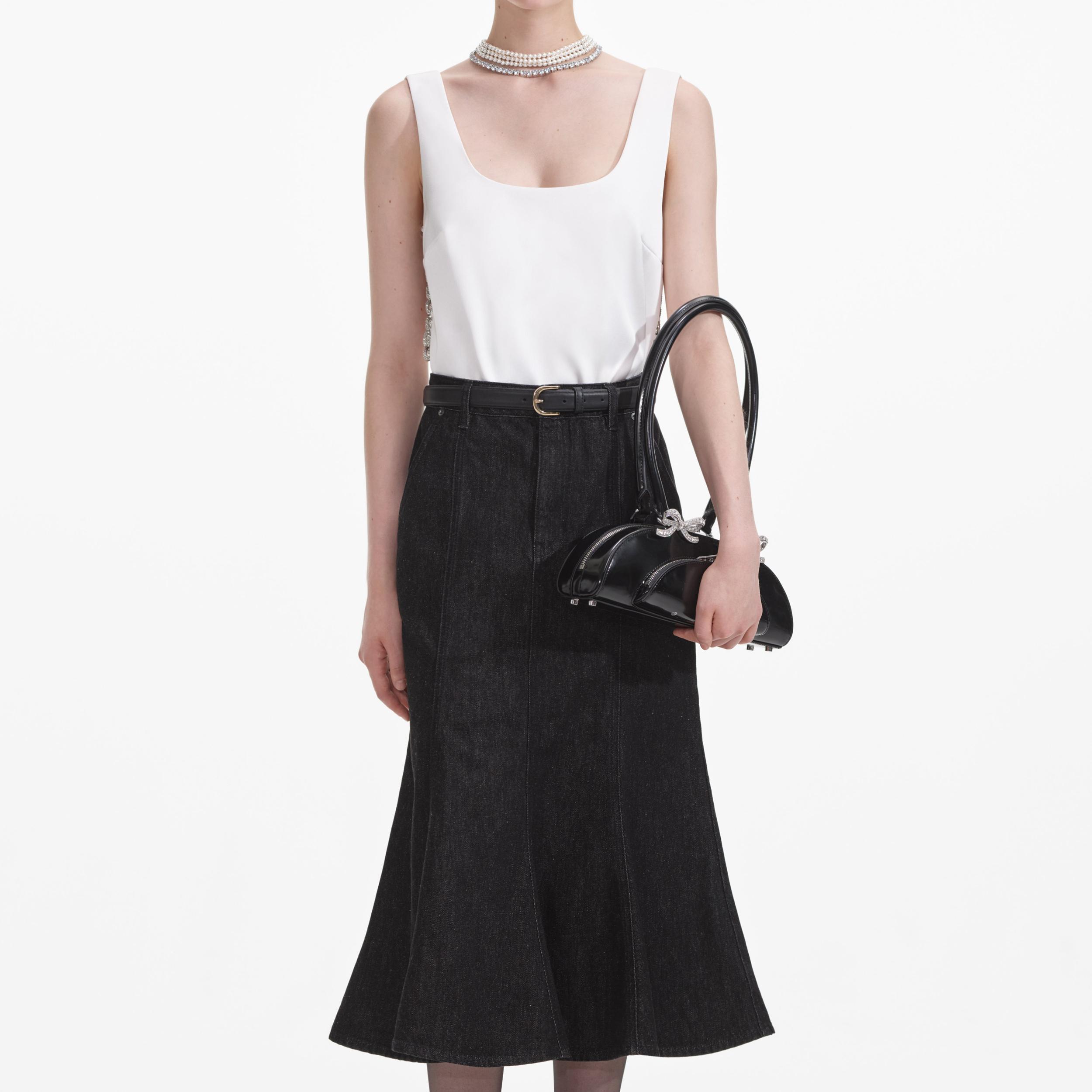 Black Flared Denim Midi Skirt Product Image