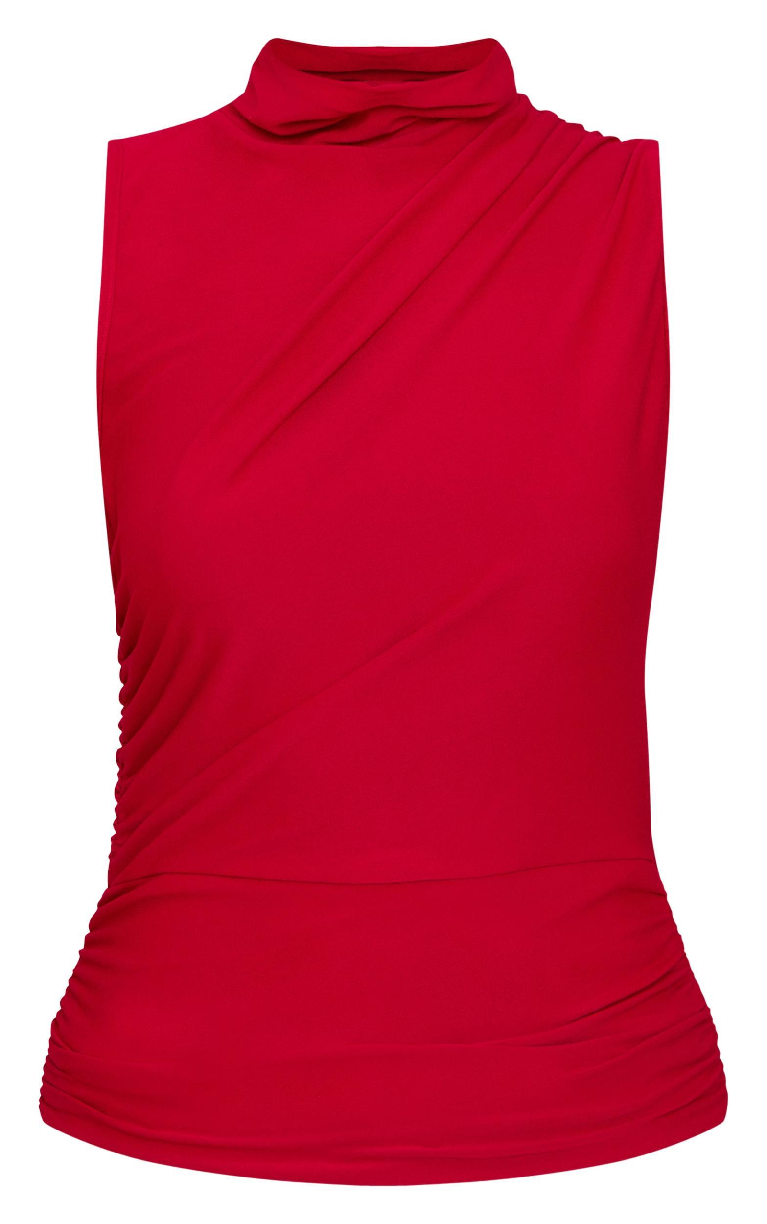 Red Soft Touch Ruched Side High Neck Top Product Image