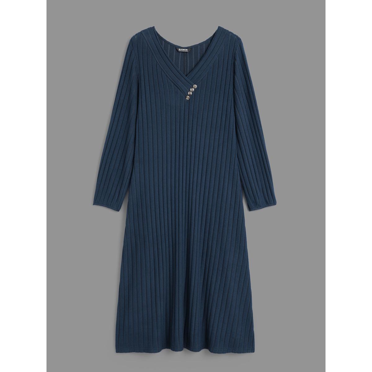 Plus Size Plain Rib Knit Button Detail Dress DarkBlue Women Casual Texture Knit Dresses Bloomchic 10/M Product Image