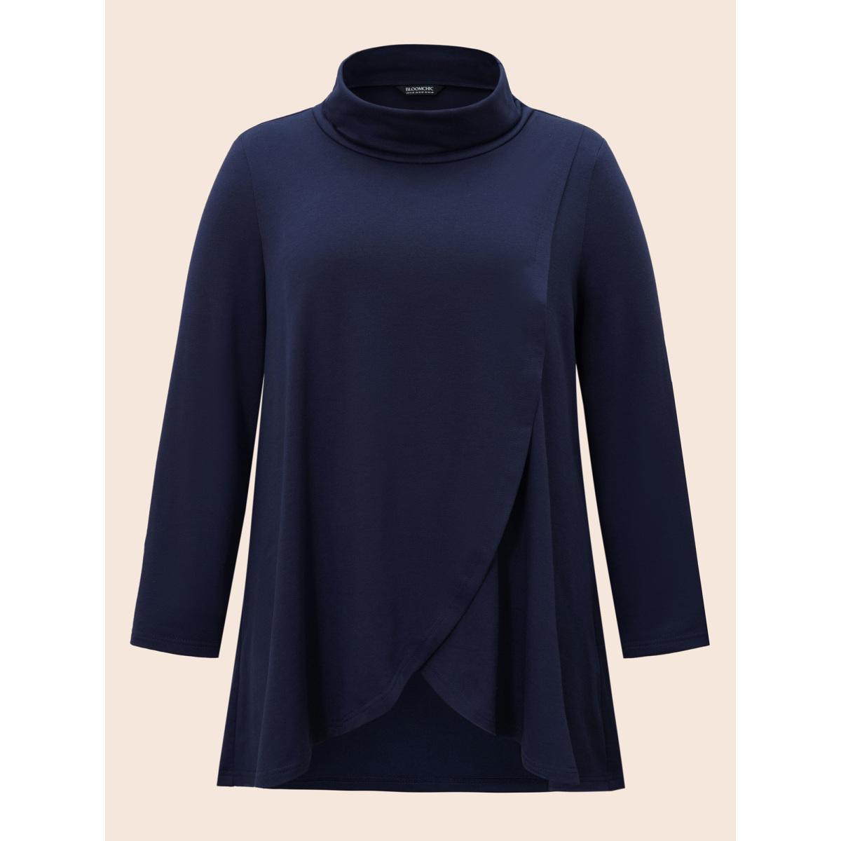 Plus Size Plain Wrap Hem Turtleneck Sweatshirt Women Gray Elegant Wrap Turtleneck Dailywear Sweatshirts BloomChic 30/6X Product Image