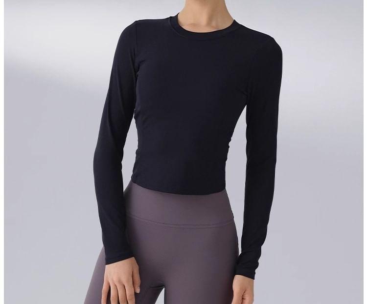 Long Sleeve Crew Neck Plain Cutout Sport Crop Top Product Image