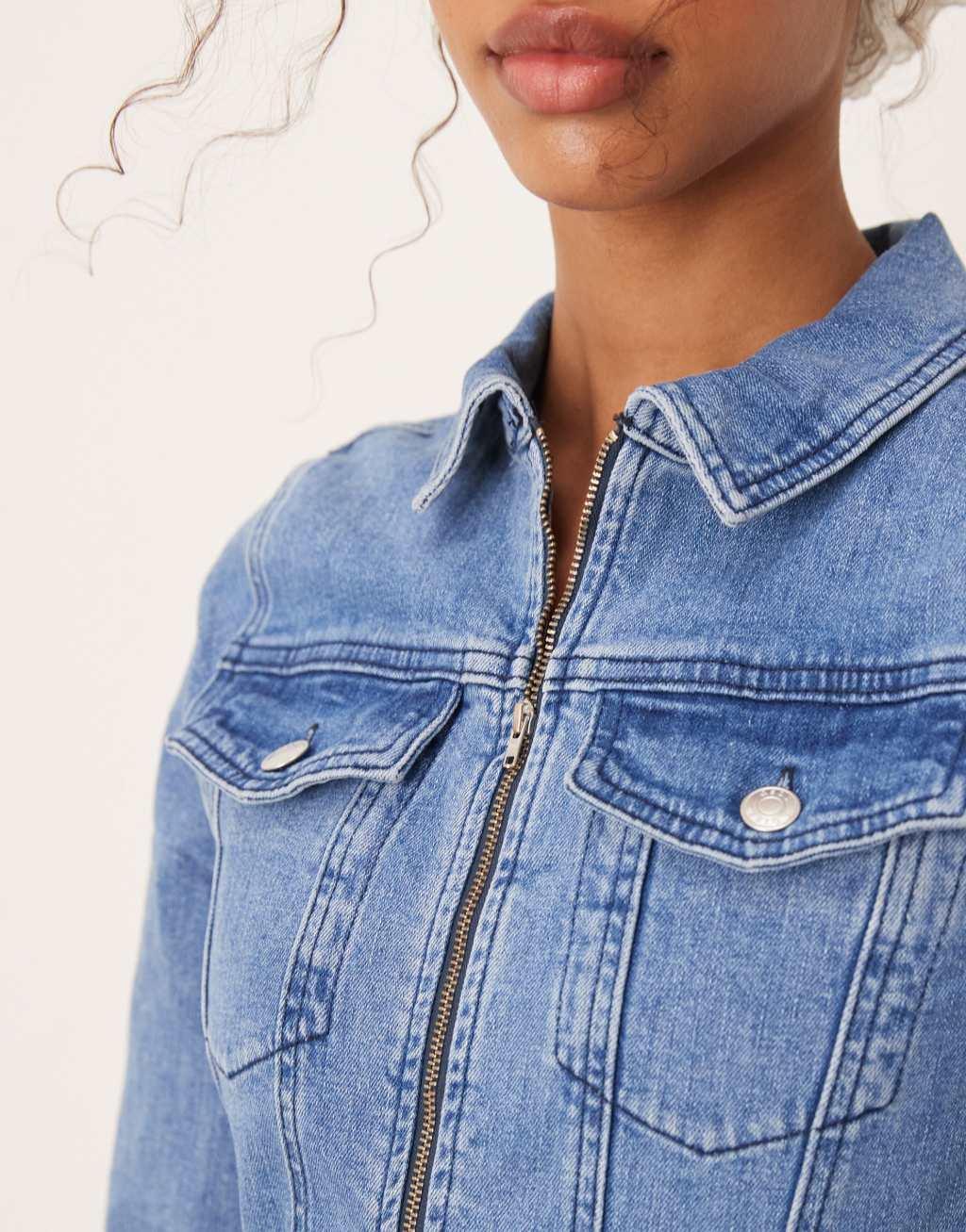 ASOS DESIGN denim long sleeve jumpsuit in mid blue Product Image