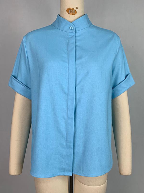 Loose Short Sleeves Solid Color Mock Neck Blouses&Shirts Tops Product Image