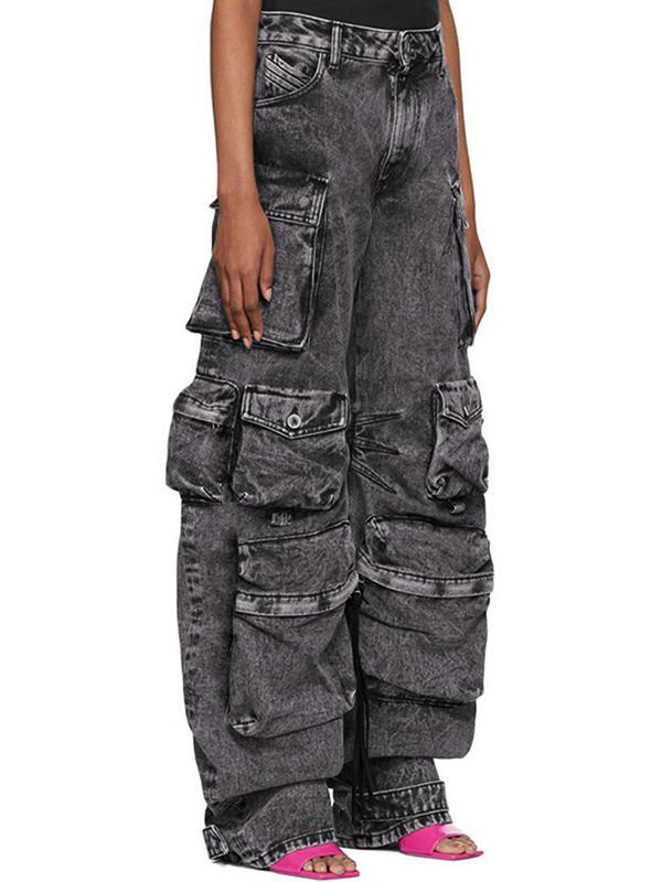 Washed Distressed Gray Multi Pocket Splice Cargo Jeans Product Image